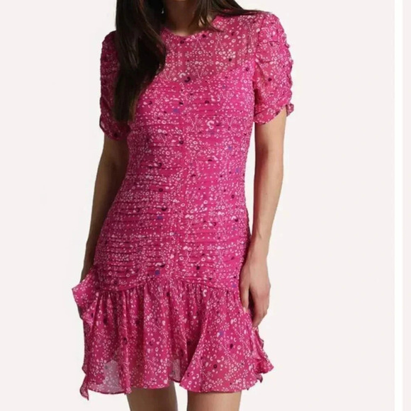 Tanya Taylor Carti Dress Ruffle Layered Midi Polka Dot Chiffon Silk Pink Size 4 - Picture 1 of 15